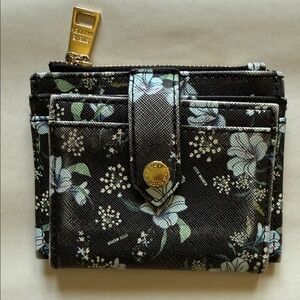 Steve Madden Black Floral Compact Wallet with Light Blue & Green Accents